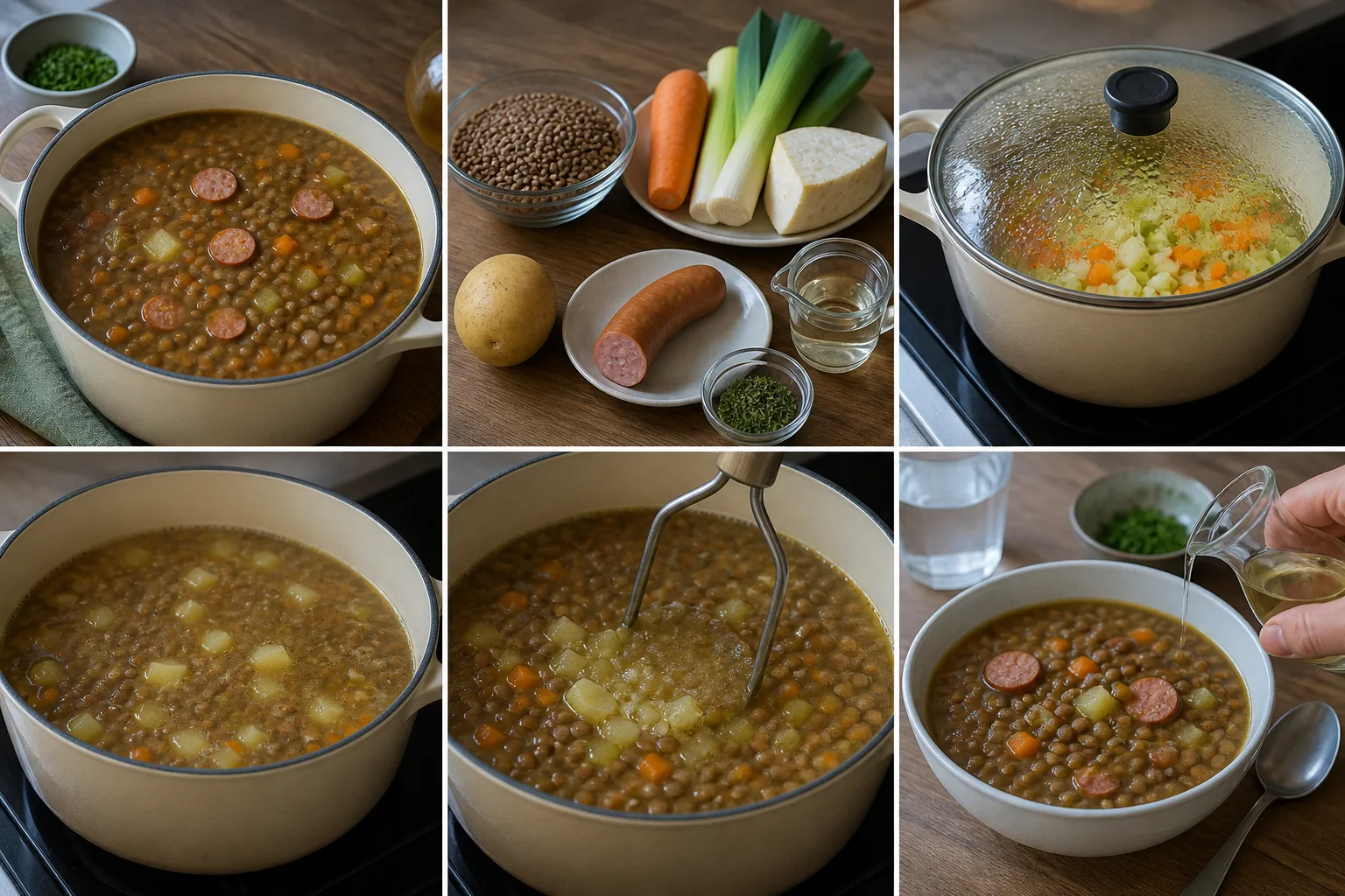 Deutsche Linsensuppe mit braunen Linsen, Gemüse, Kartoffeln und wenigen Wurstscheiben