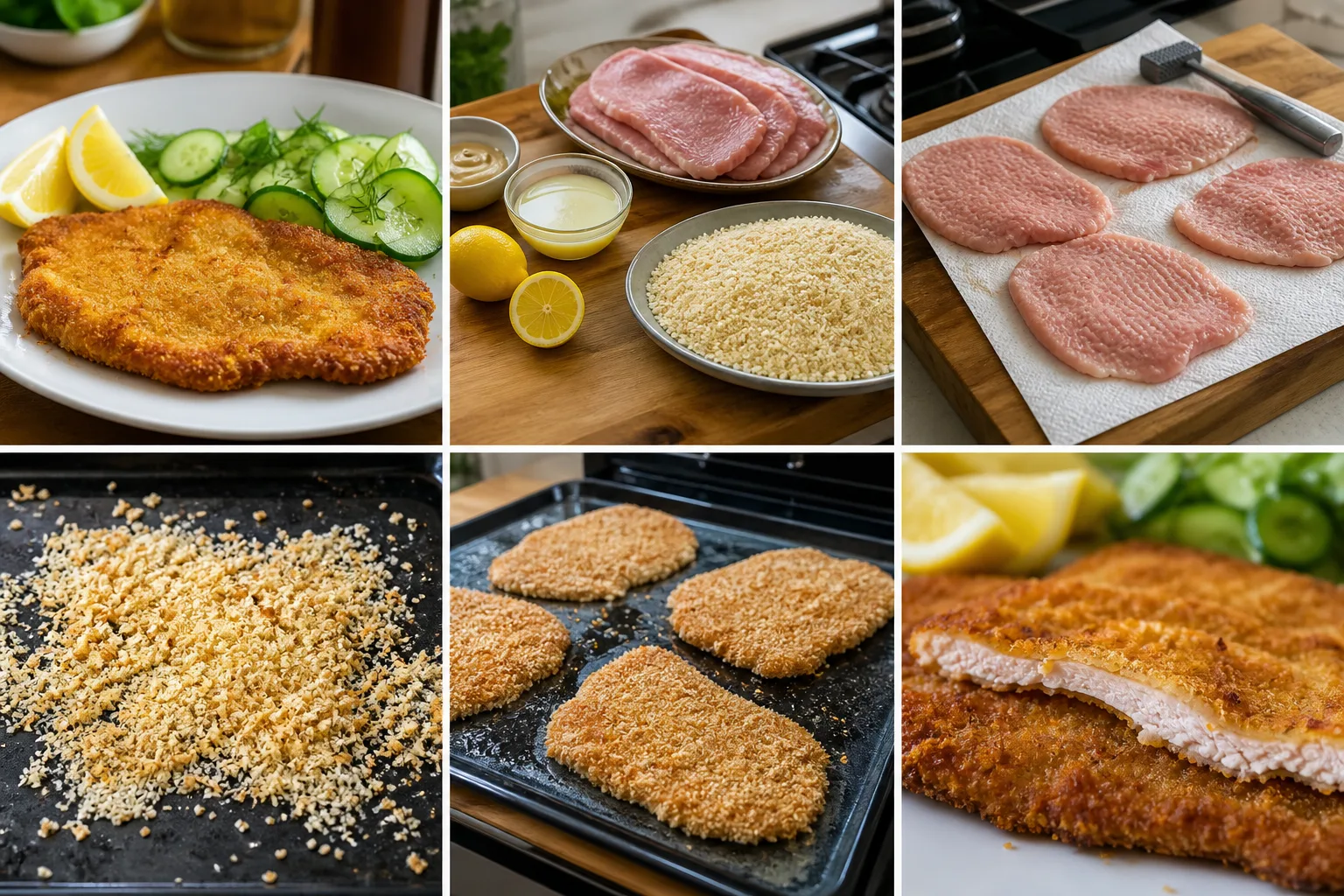Dünnes goldbraunes Ofenschnitzel mit Zitrone und Gurkensalat