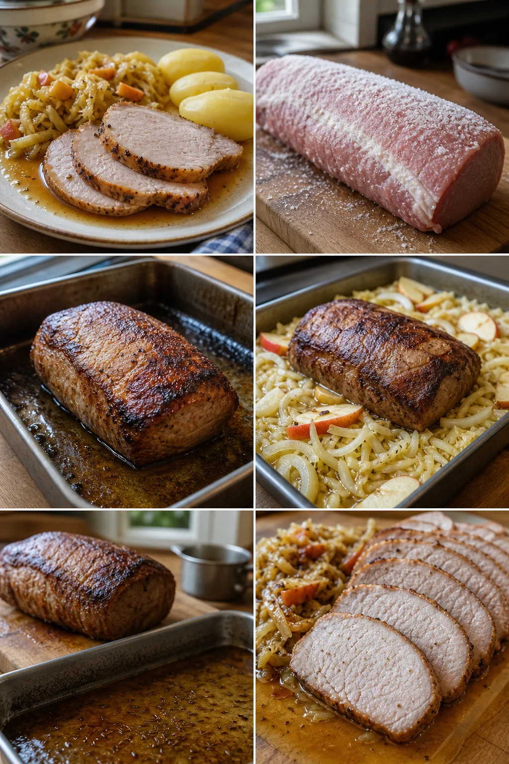 Fertiges leichteres deutsches Gericht Schweinebraten auf dem Esstisch