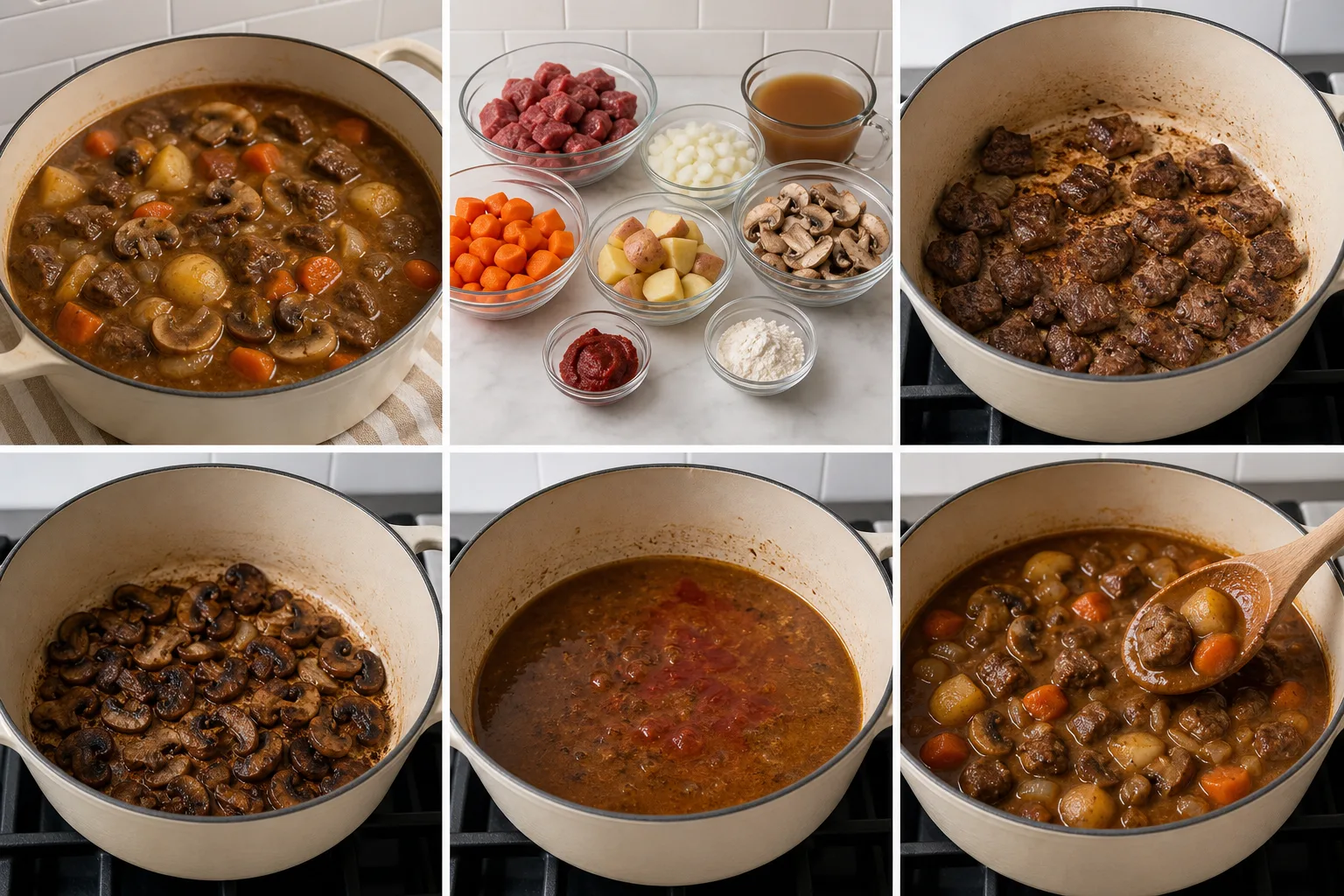 Thick beef stew with lean beef cubes, browned mushrooms, carrots, and potatoes