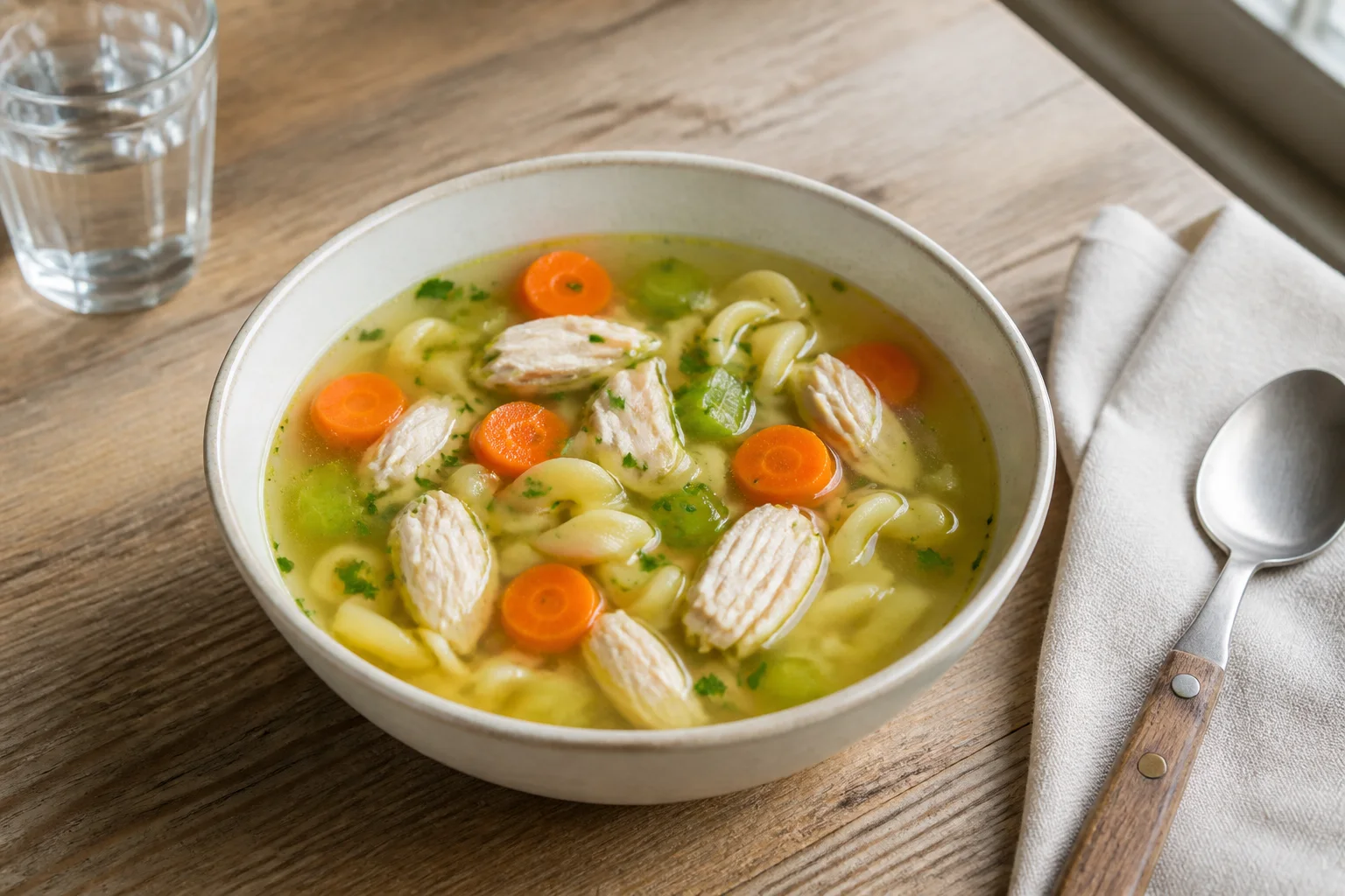 Brothy chicken noodle soup with vegetables and generous chicken