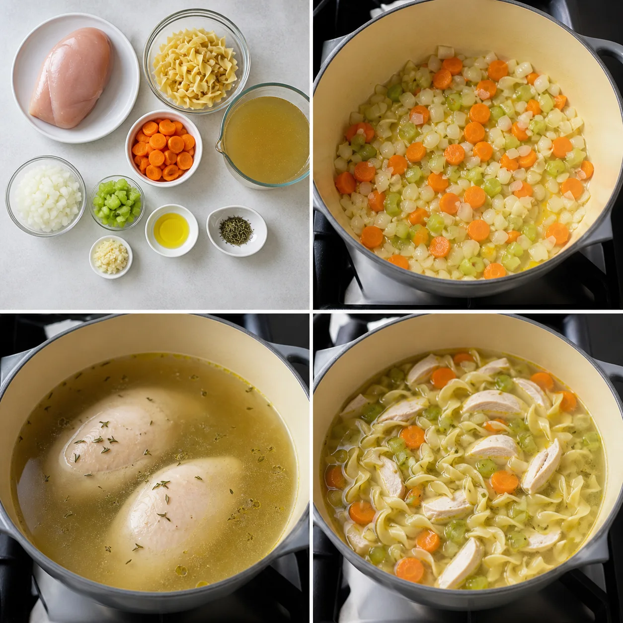 Chicken breast, noodles, broth, carrots, celery, onion, and herbs
