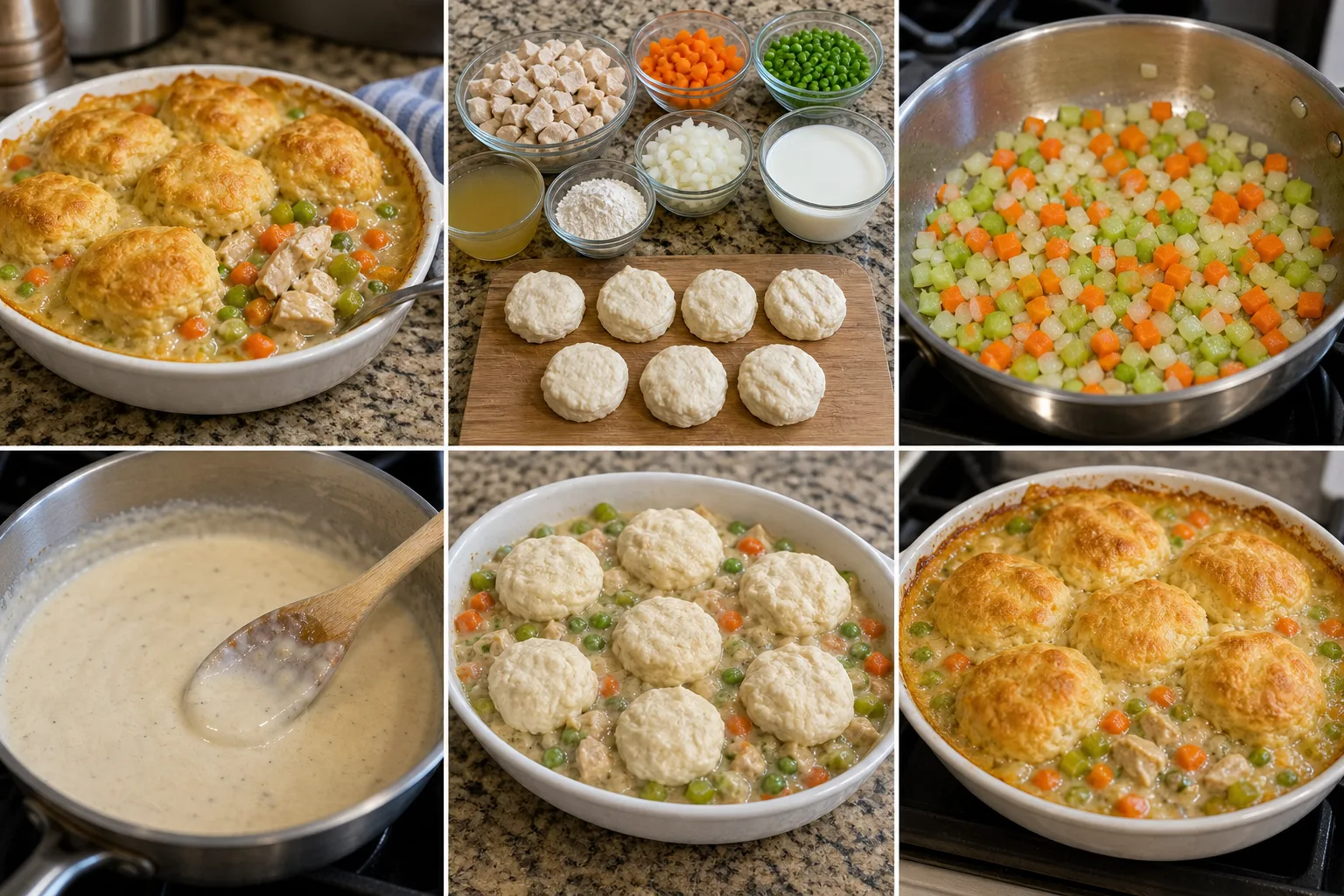 Chicken pot pie in a small baking dish topped with separated golden biscuit pieces