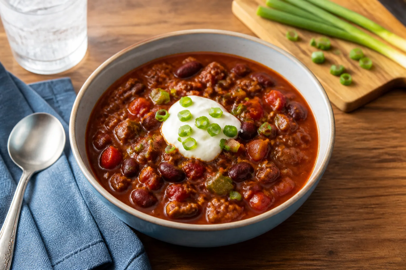 Thick beef and kidney bean chili in a bowl
