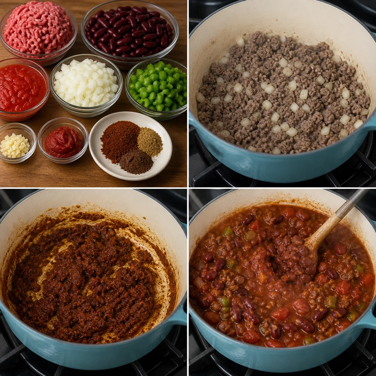 Lean beef, kidney beans, tomatoes, pepper, onion, and chili spices