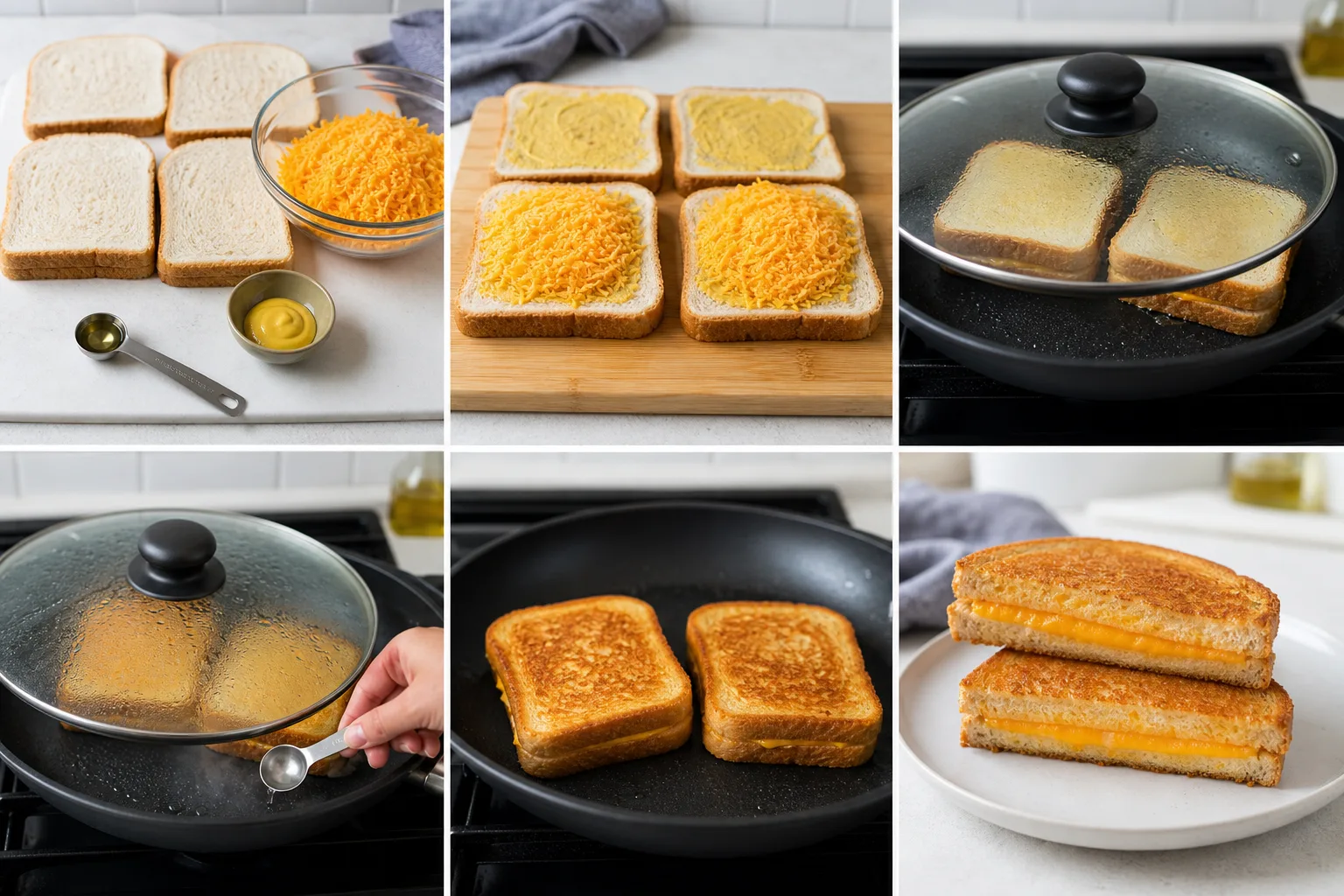 Golden grilled cheese sandwich cut diagonally with a thin even layer of melted cheddar