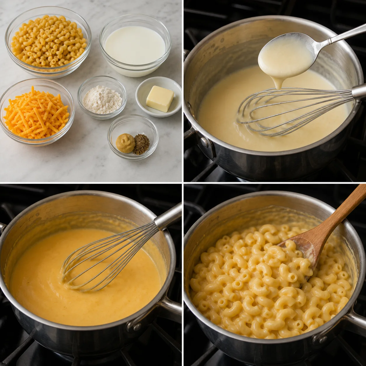 Measured macaroni, cheddar, milk, flour, butter, and mustard