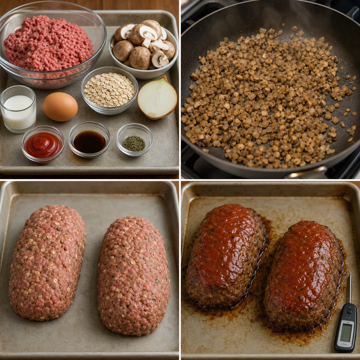 Lean beef, mushrooms, oats, egg, onion, and glaze ingredients