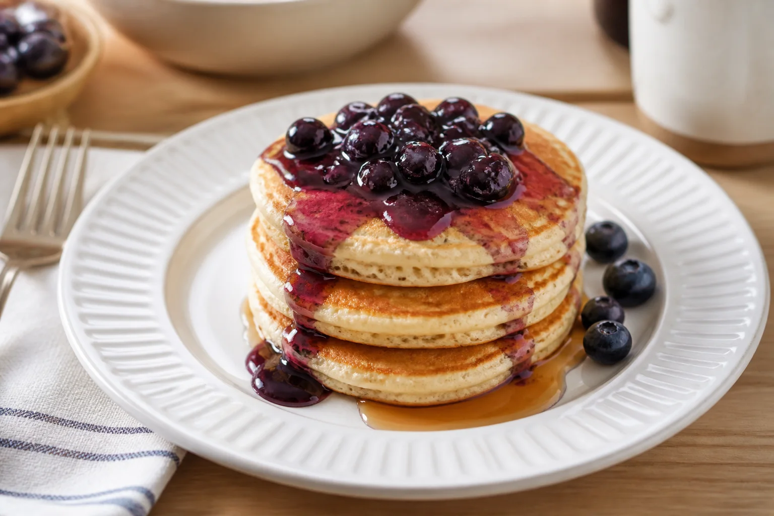 Three fluffy pancakes topped with warm blueberries