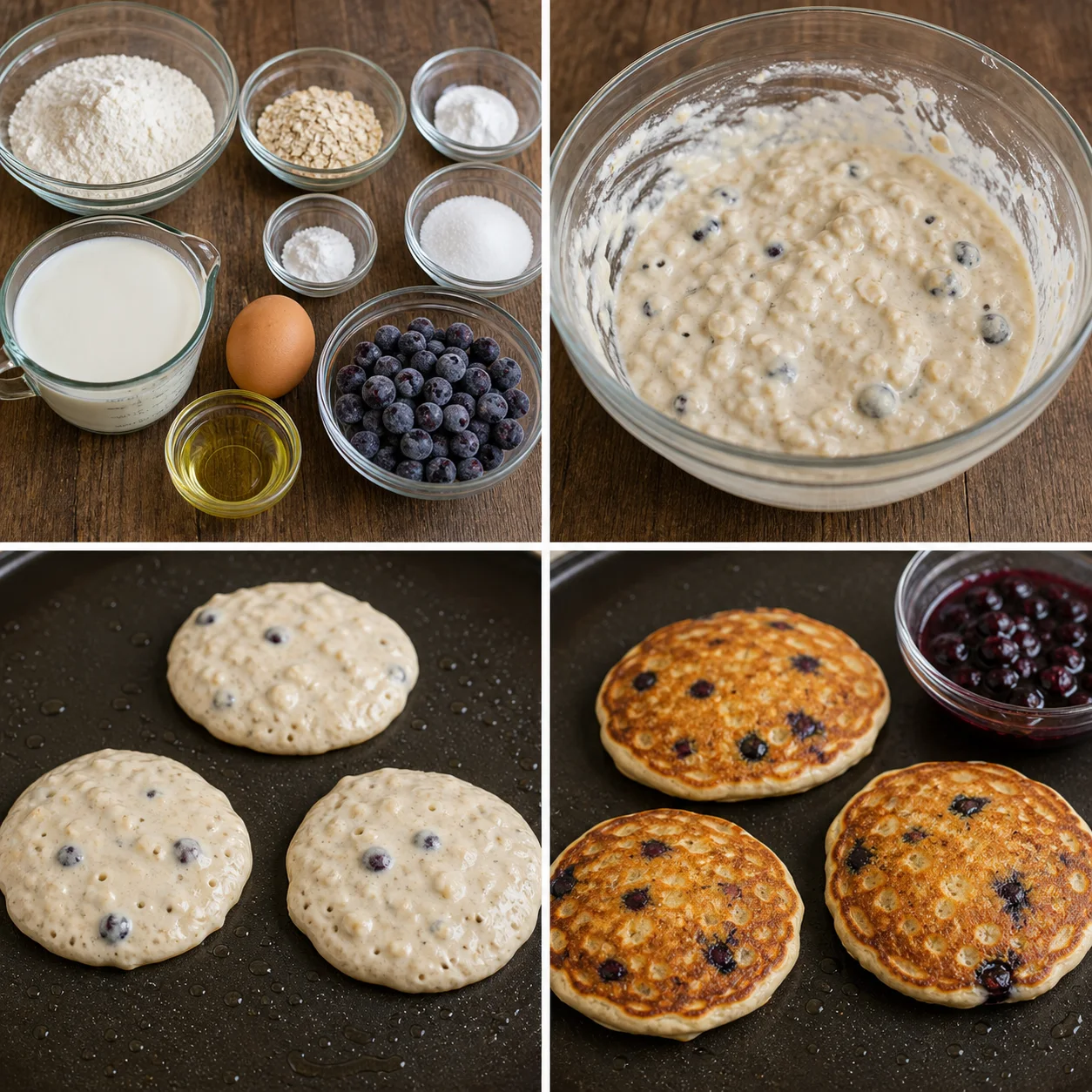Measured flour, oats, buttermilk, egg, leaveners, and blueberries