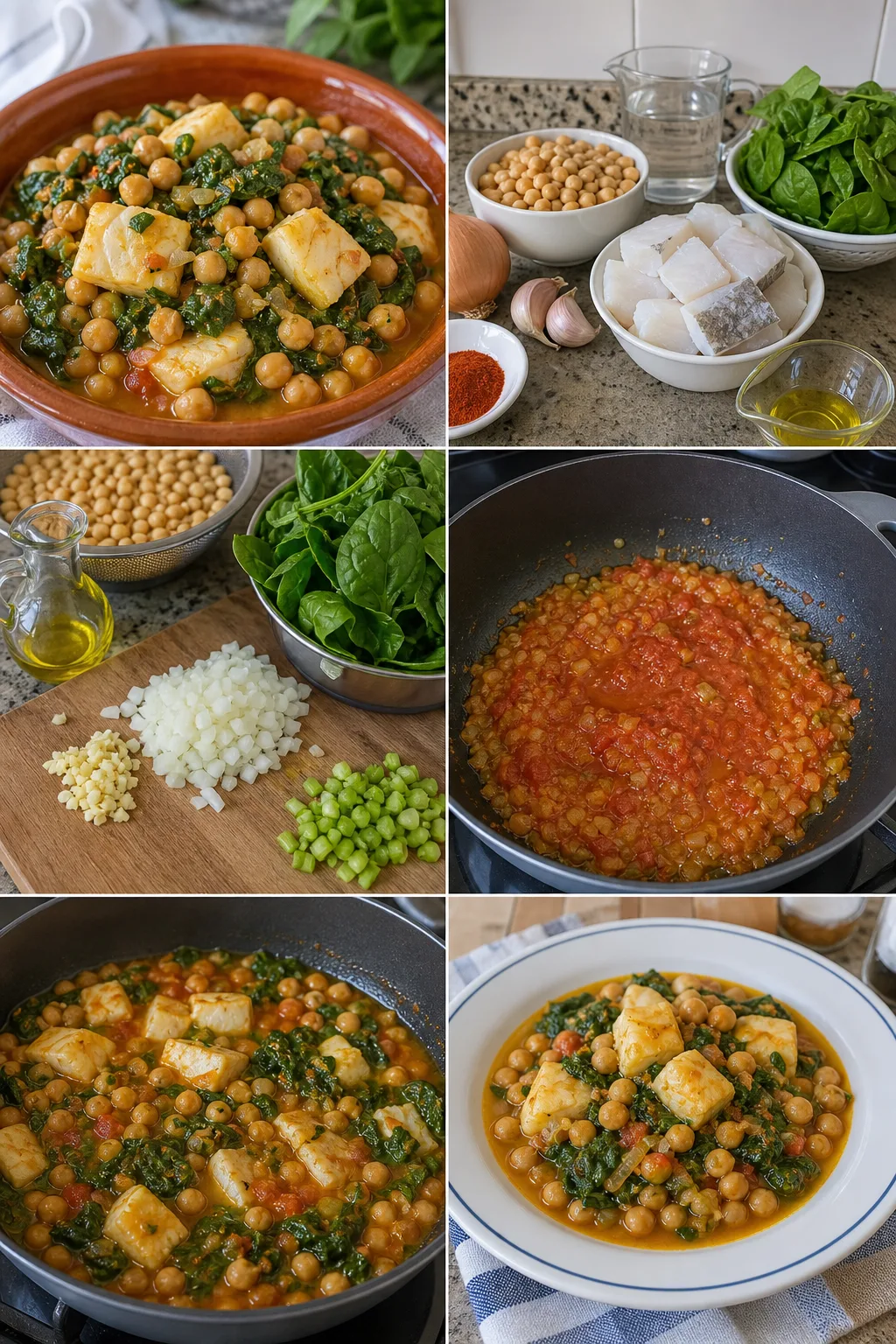 Garbanzos con bacalao casero español en versión más ligera