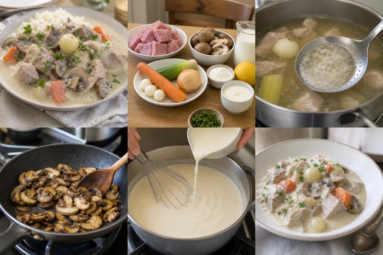 Blanquette de veau claire avec champignons bruns, carotte et petits oignons