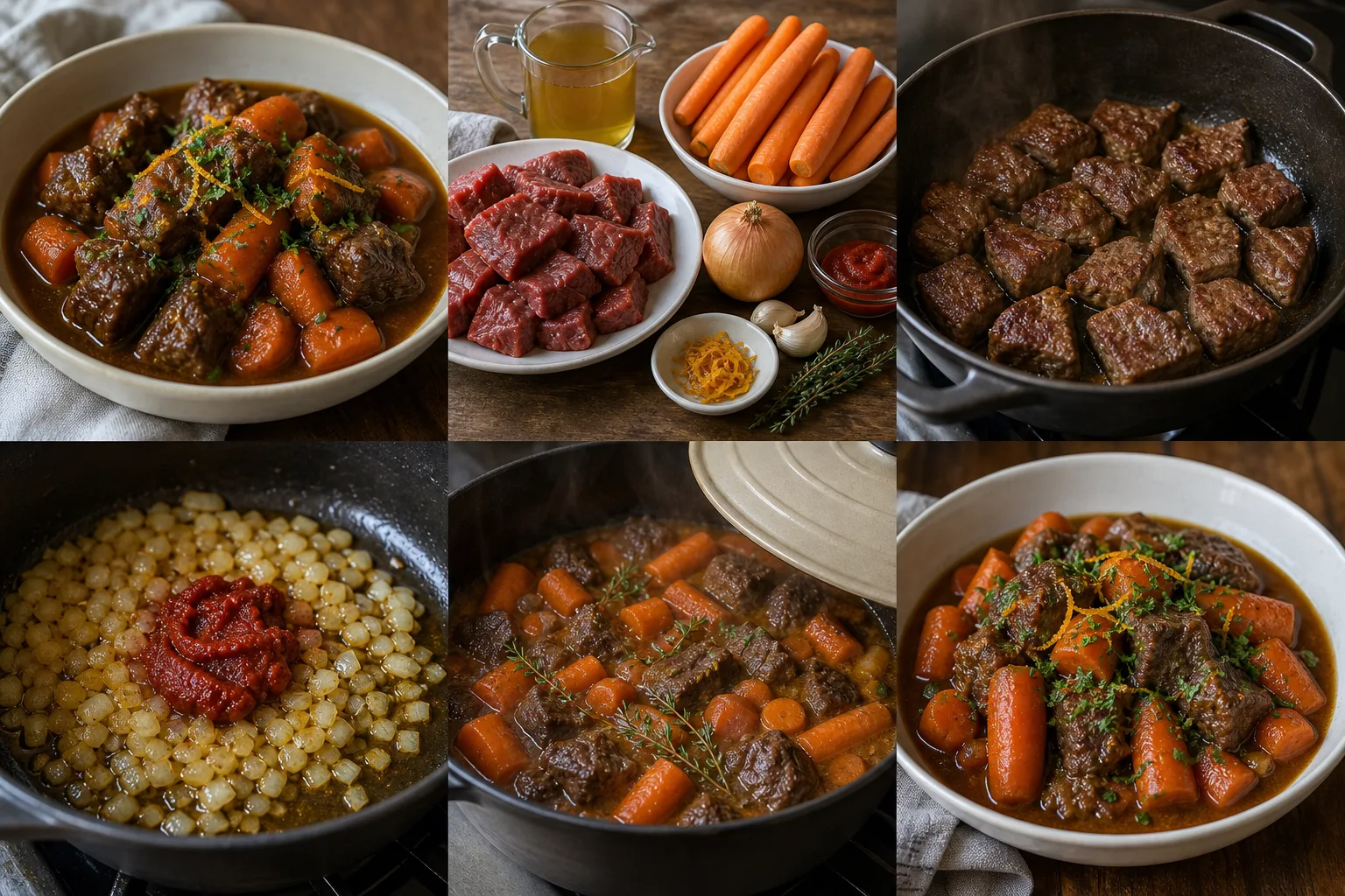 Bœuf carottes mijoté avec gros morceaux de carotte et jus brun brillant