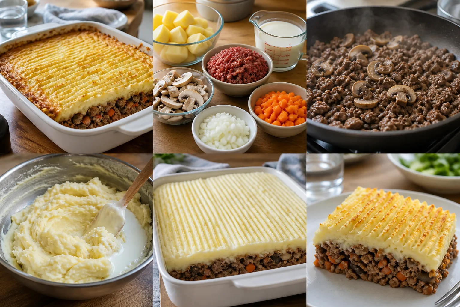 Hachis parmentier doré avec une couche de purée striée et une farce riche en légumes