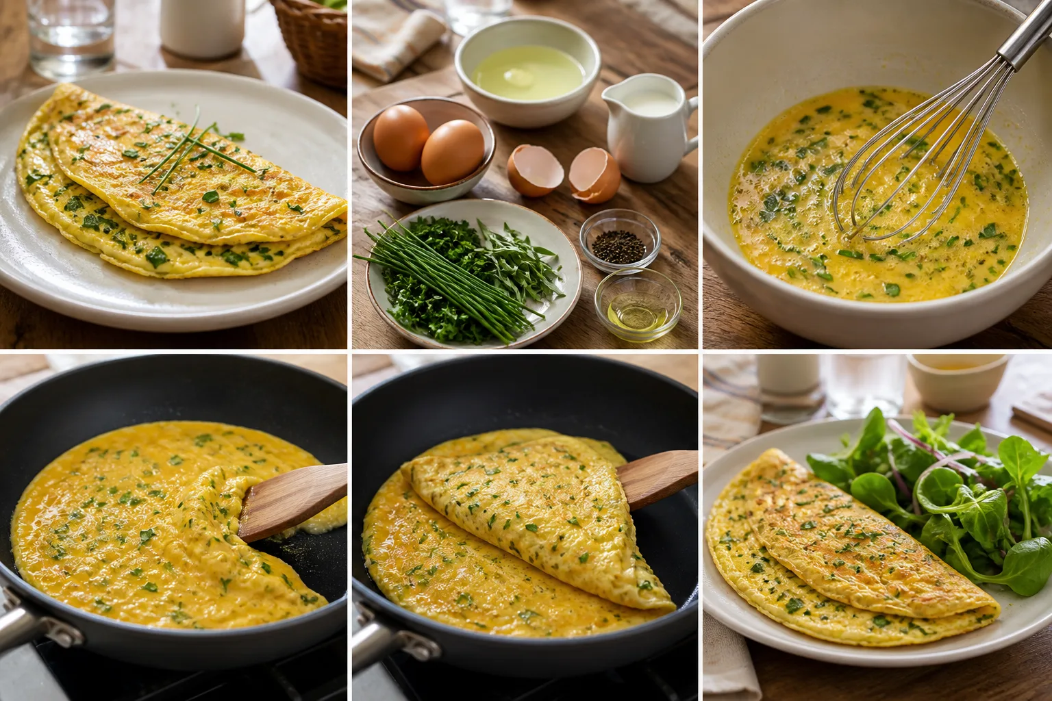 Omelette française souple pliée avec ciboulette, persil et estragon