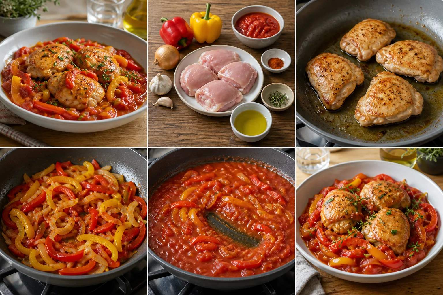 Poulet basquaise avec hauts de cuisse dorés et piperade rouge et jaune