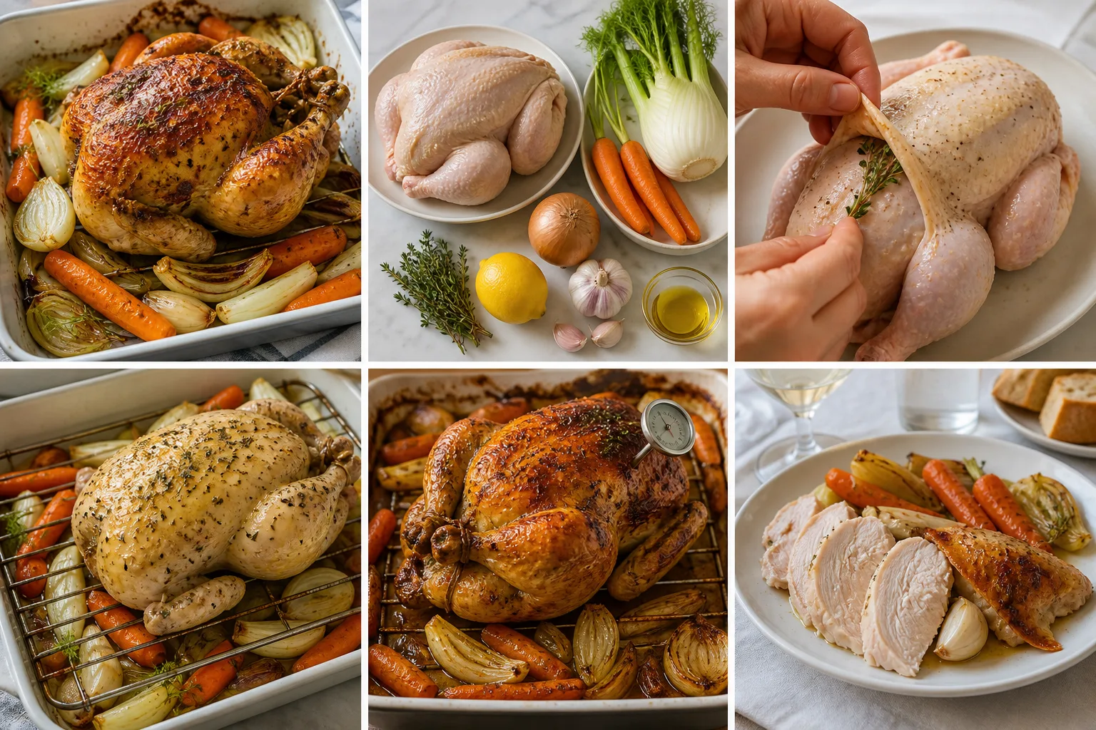 Poulet rôti brun doré sur carottes, oignons et fenouil