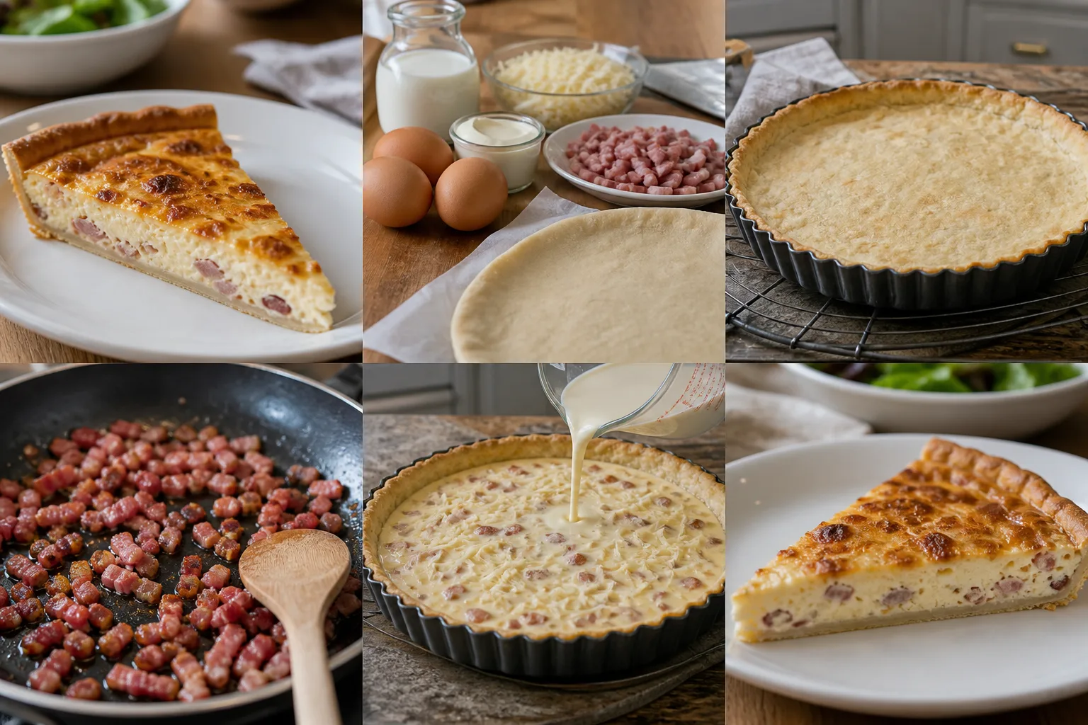 Part de quiche lorraine dorée à pâte fine et appareil moelleux