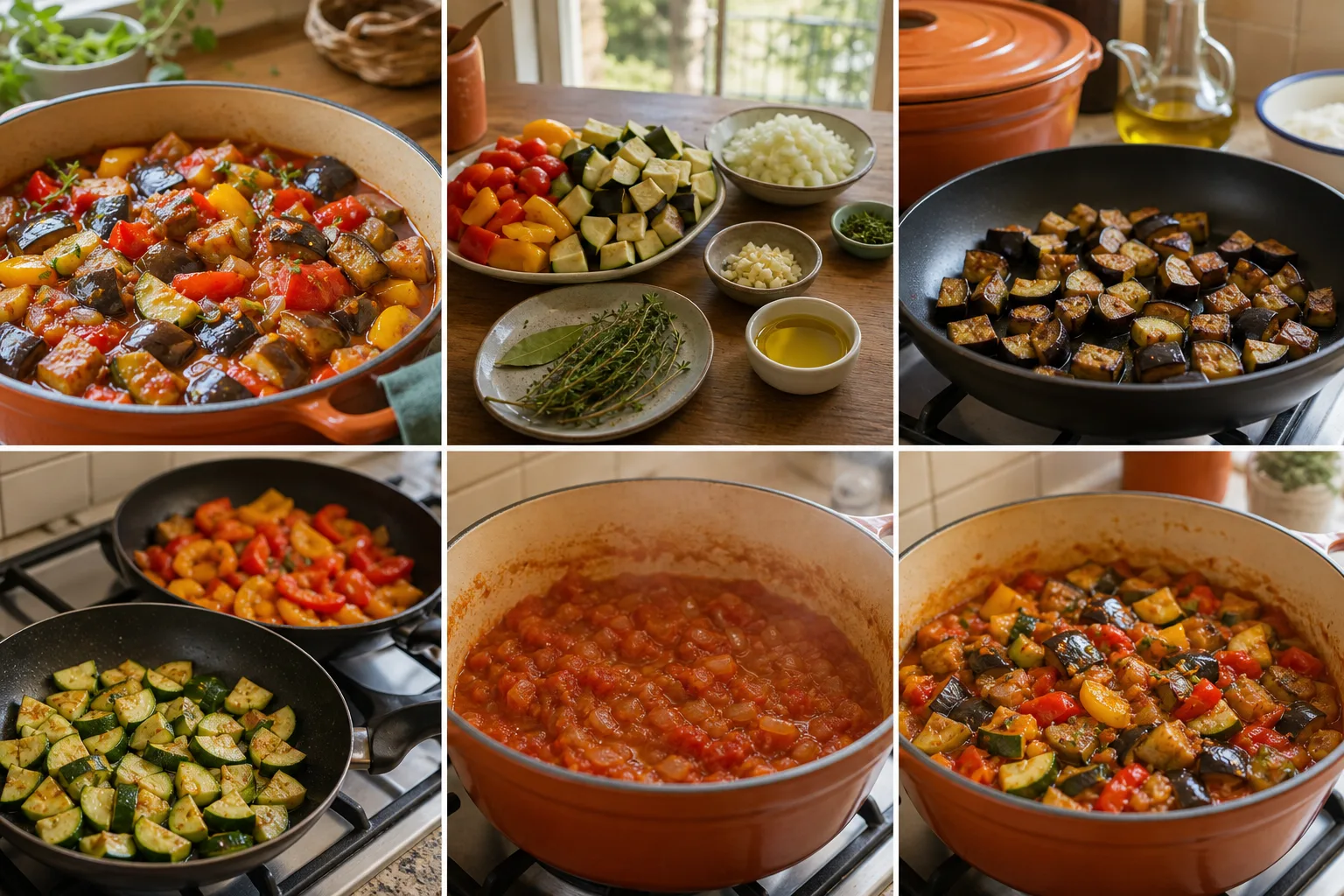 Ratatouille provençale brillante avec aubergine, courgette et poivons encore distincts
