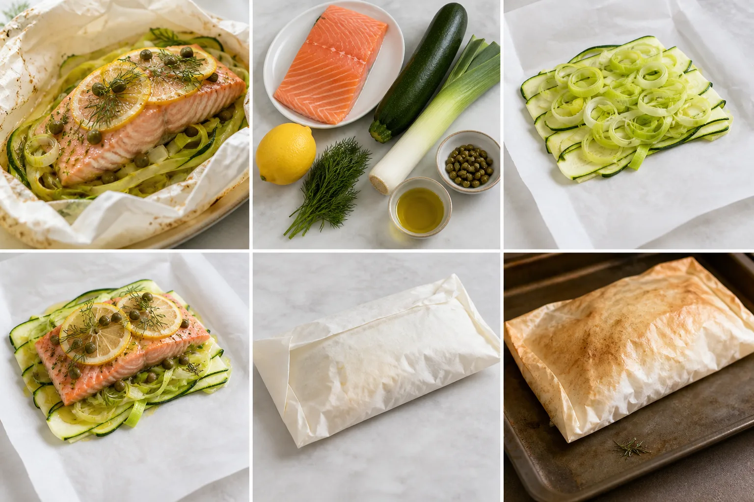 Papillote ouverte avec saumon, rubans de courgette, poireau, citron et aneth