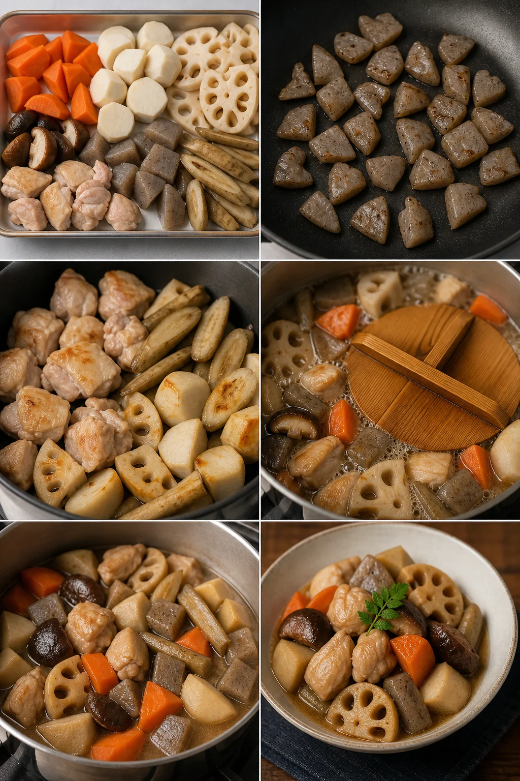 食べやすく整えた日本料理の筑前煮の完成例