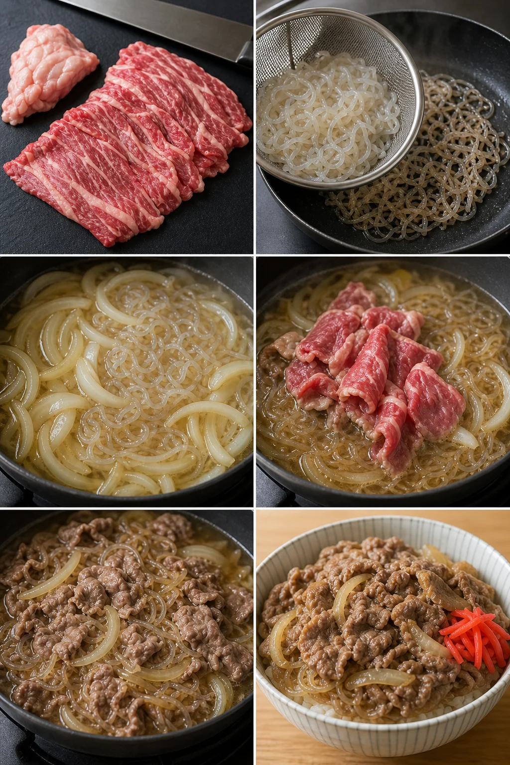 食べやすく整えた日本料理の牛丼の完成例