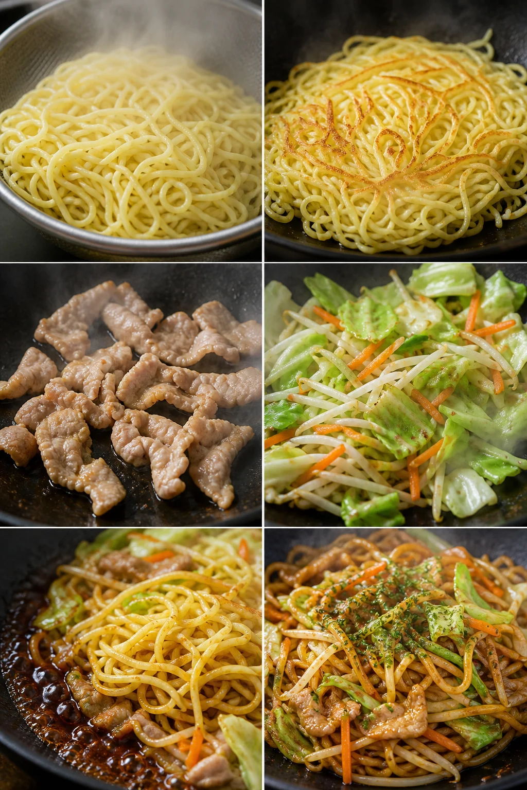 食べやすく整えた日本料理の焼きそばの完成例