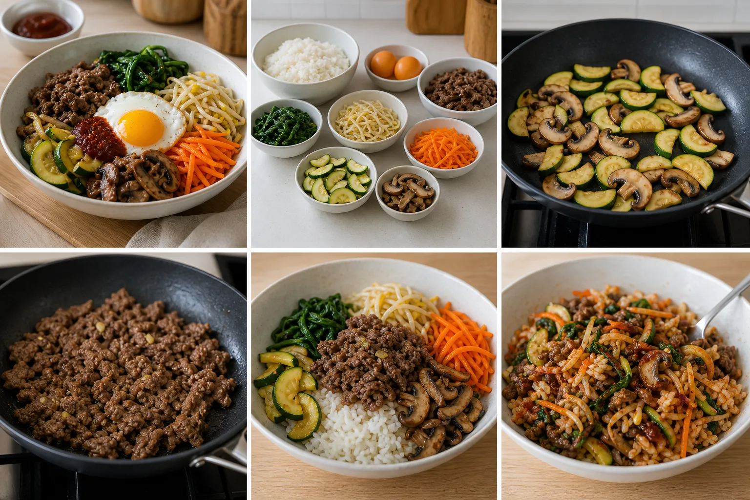 밥 위에 시금치, 콩나물, 애호박, 당근, 버섯, 살코기와 계란을 담은 비빔밥