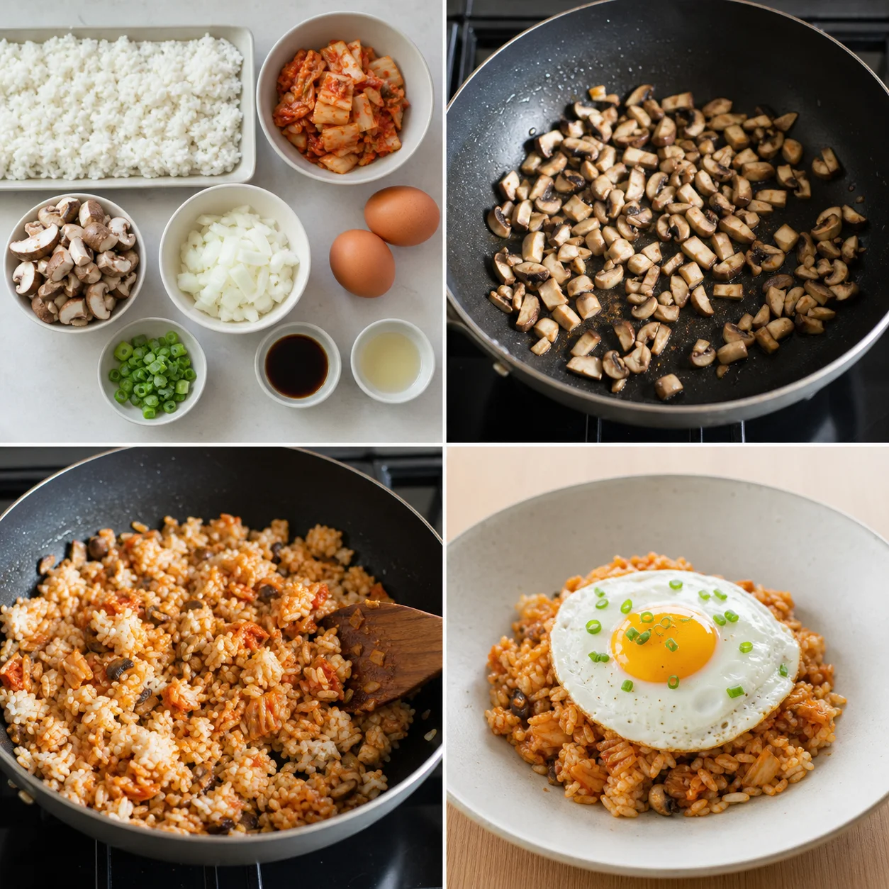김치, 버섯, 찬밥, 계란을 계량한 모습