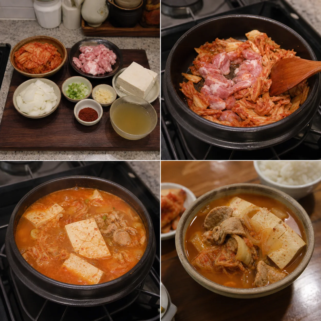 김치, 앞다리살, 두부와 채소를 계량해 둔 모습