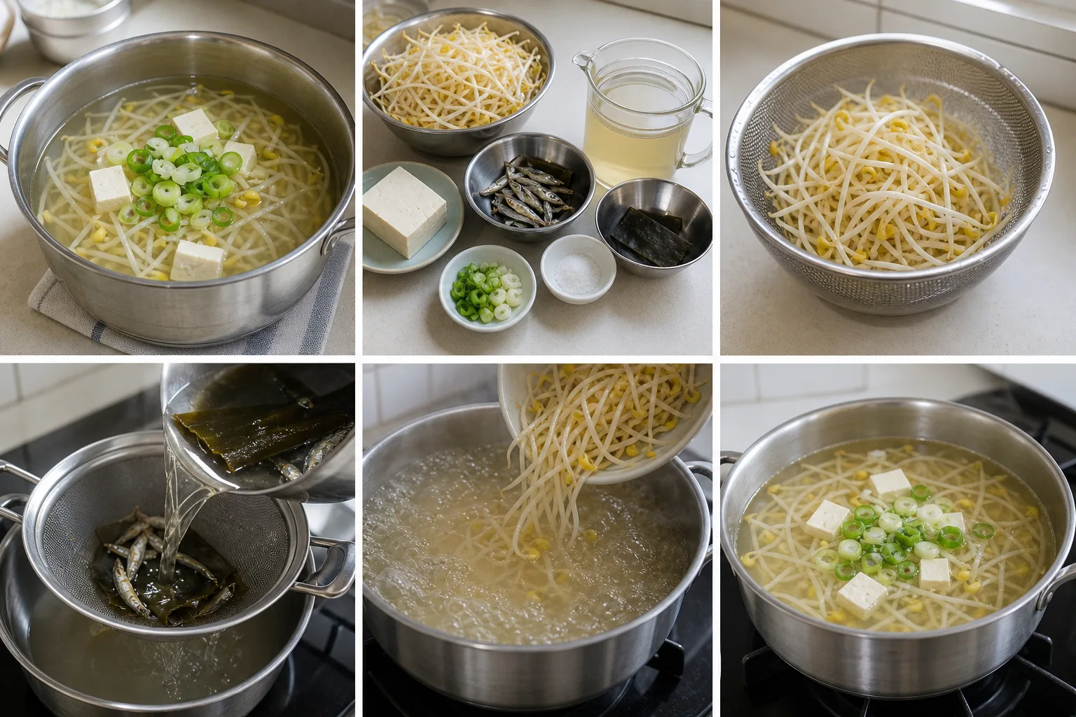 맑은 멸치 육수에 아삭한 콩나물과 두부, 대파를 담은 콩나물국