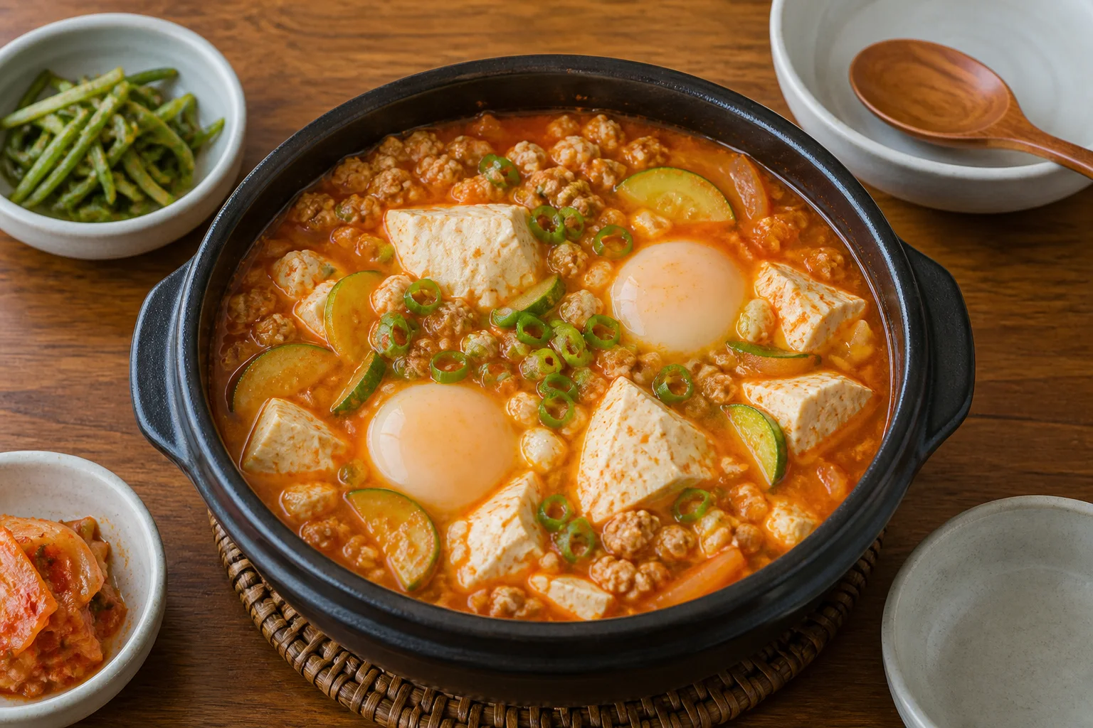 계란과 채소를 넣은 얼큰한 순두부찌개
