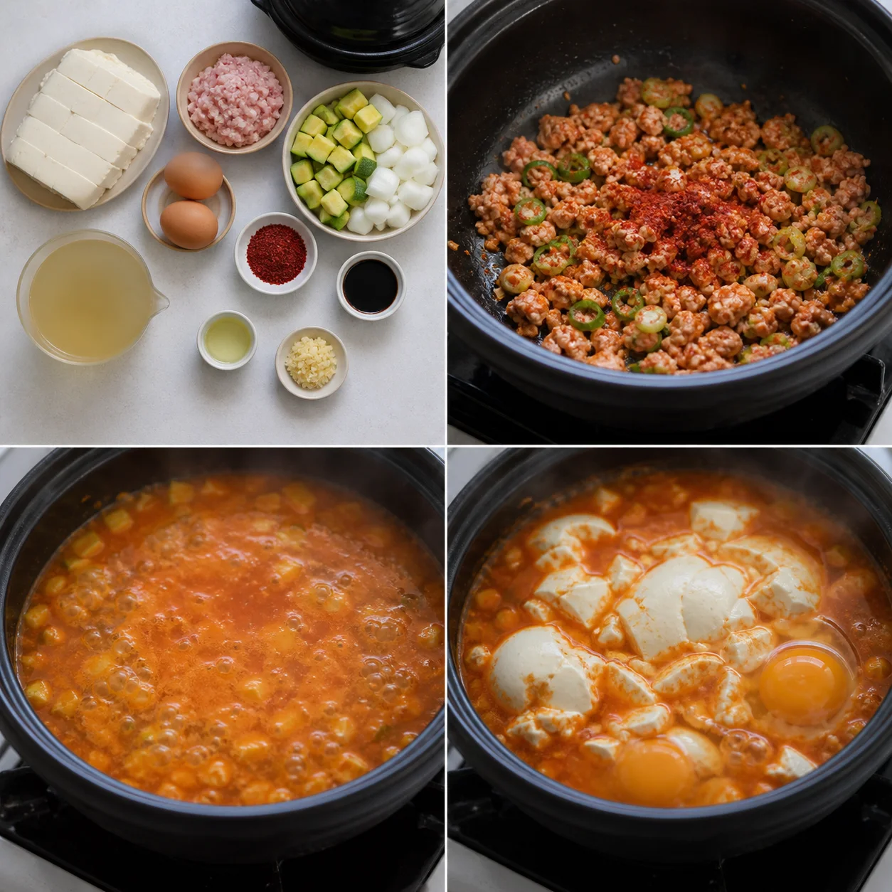 순두부와 다짐육, 채소, 고춧가루를 준비한 모습