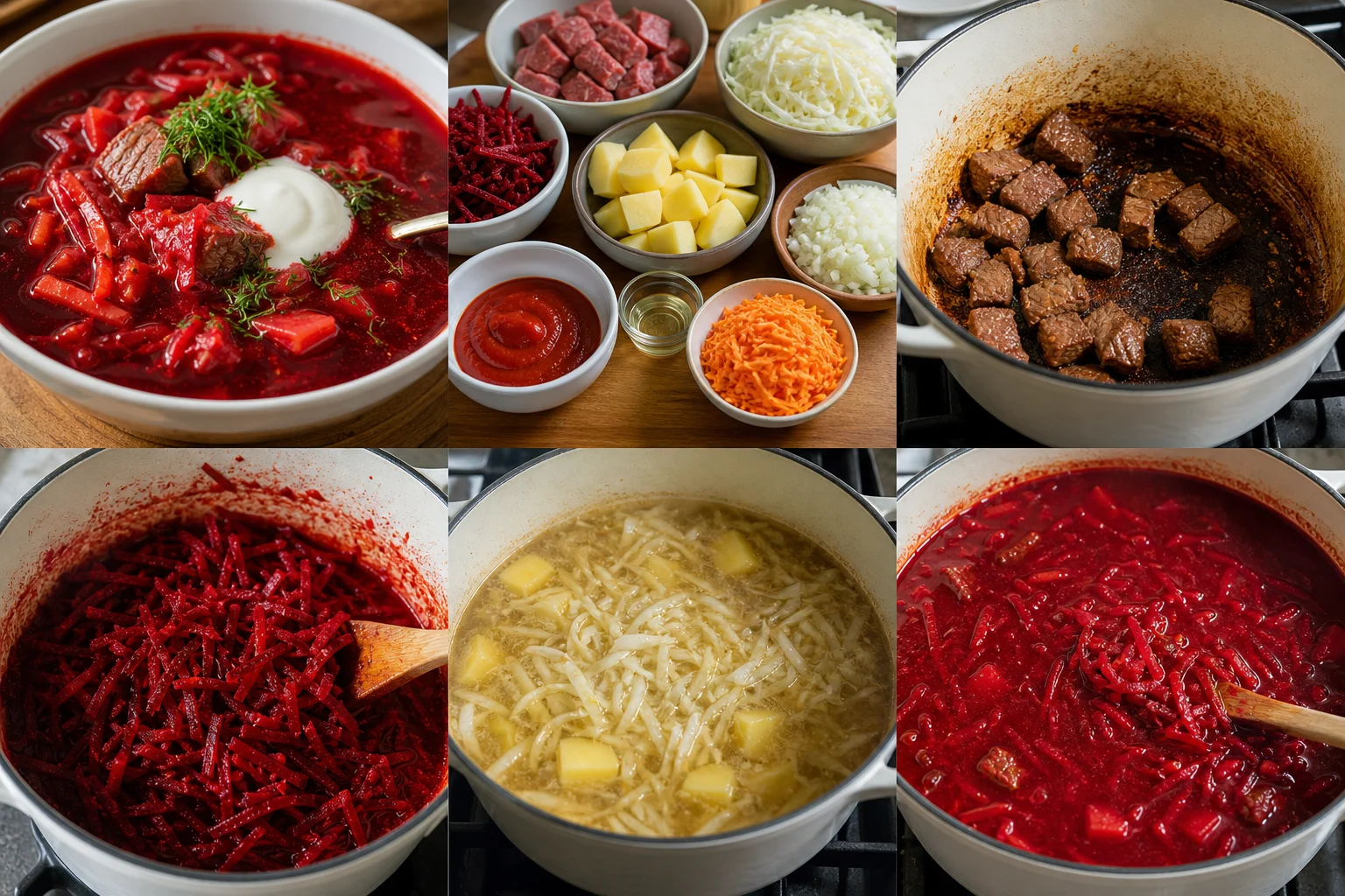 Рубиновый борщ с постной говядиной, капустой, укропом и ложкой йогурта