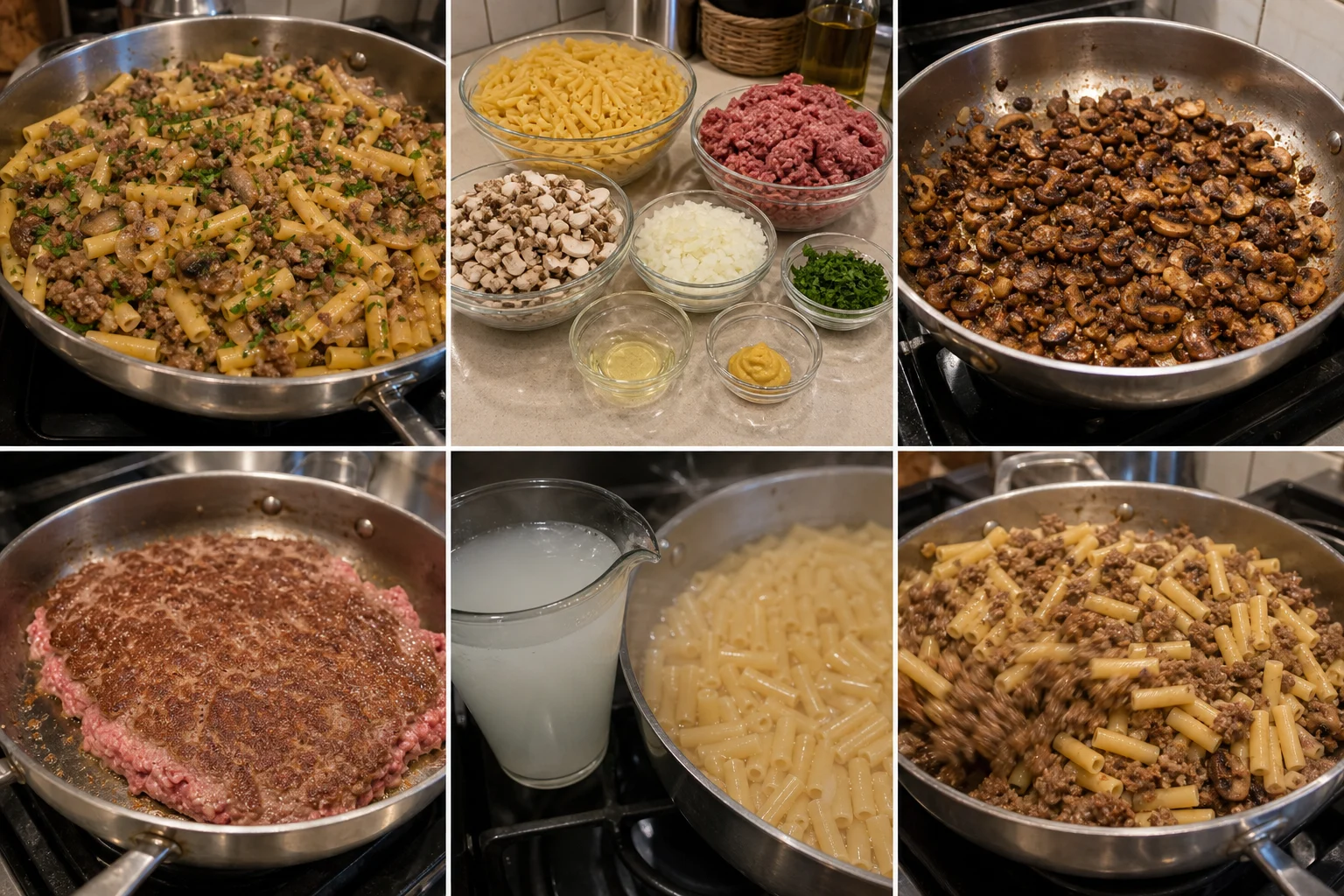 Макароны по-флотски с рассыпчатым мясом, грибами и зеленью без жирного блеска