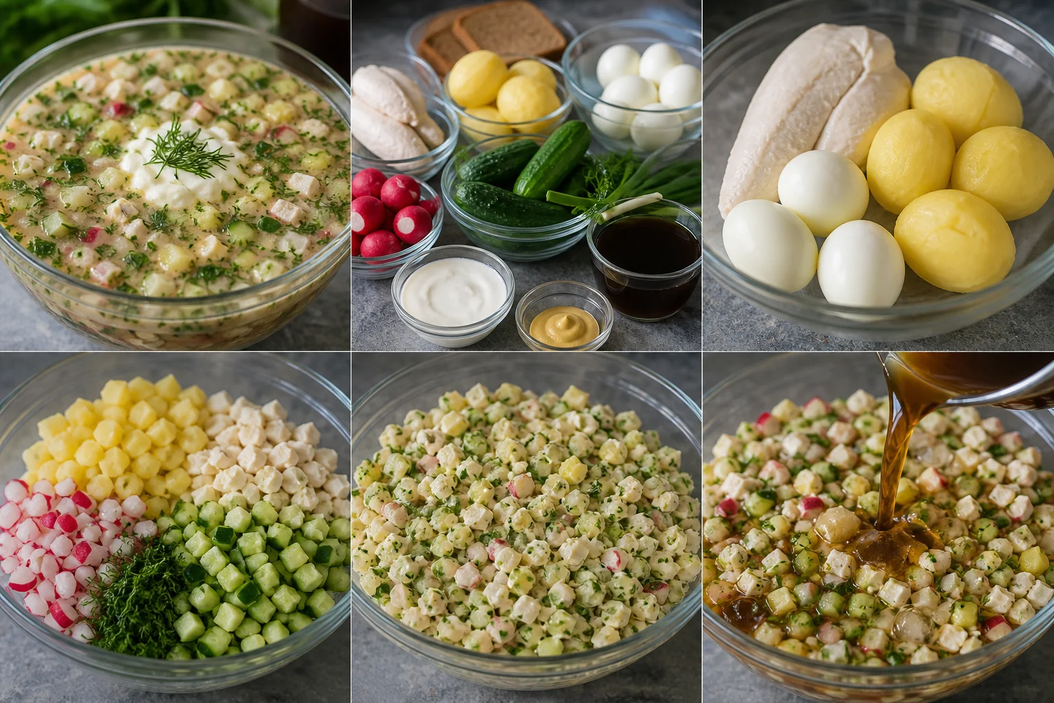 Холодная окрошка на квасе с курицей, редисом, огурцом и зеленью