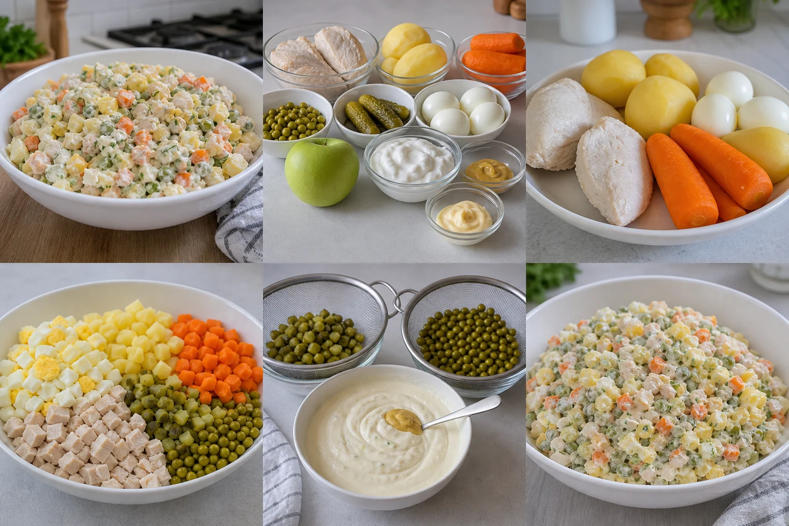 Кремовый салат Оливье с курицей, горошком, картофелем и огурцом