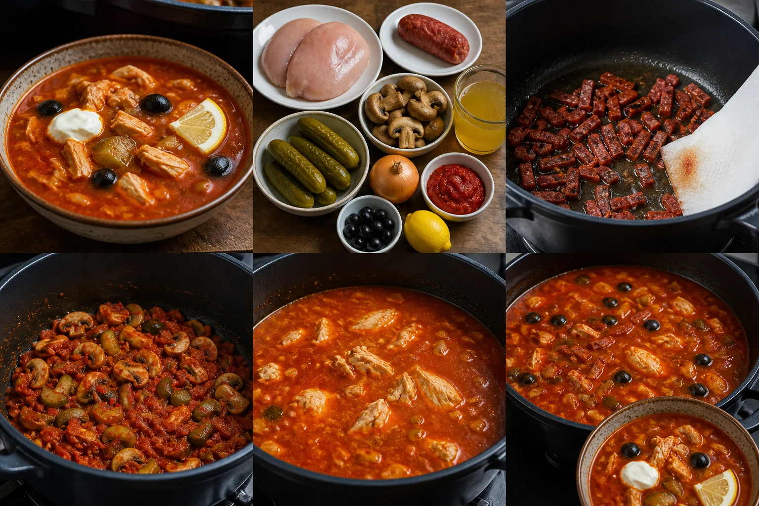 Густая мясная солянка с курицей, огурцом, оливками и долькой лимона