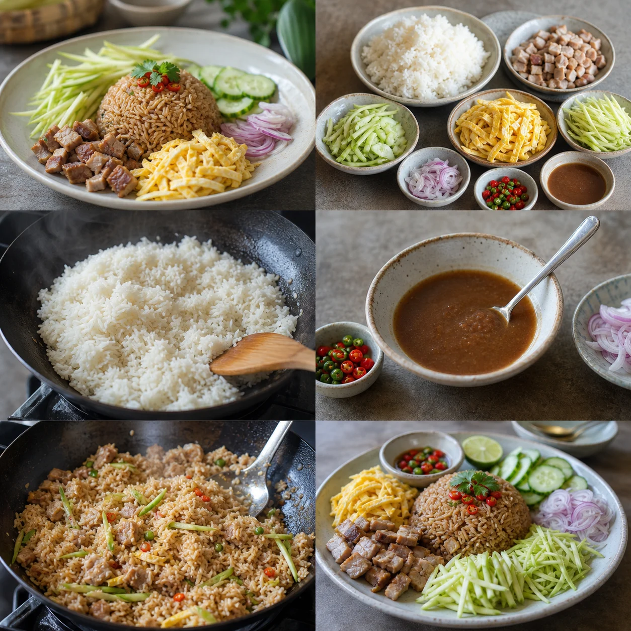ข้าวคลุกกะปิ สูตรเบาลงพร้อมเสิร์ฟแบบอาหารไทยทำเองที่บ้าน