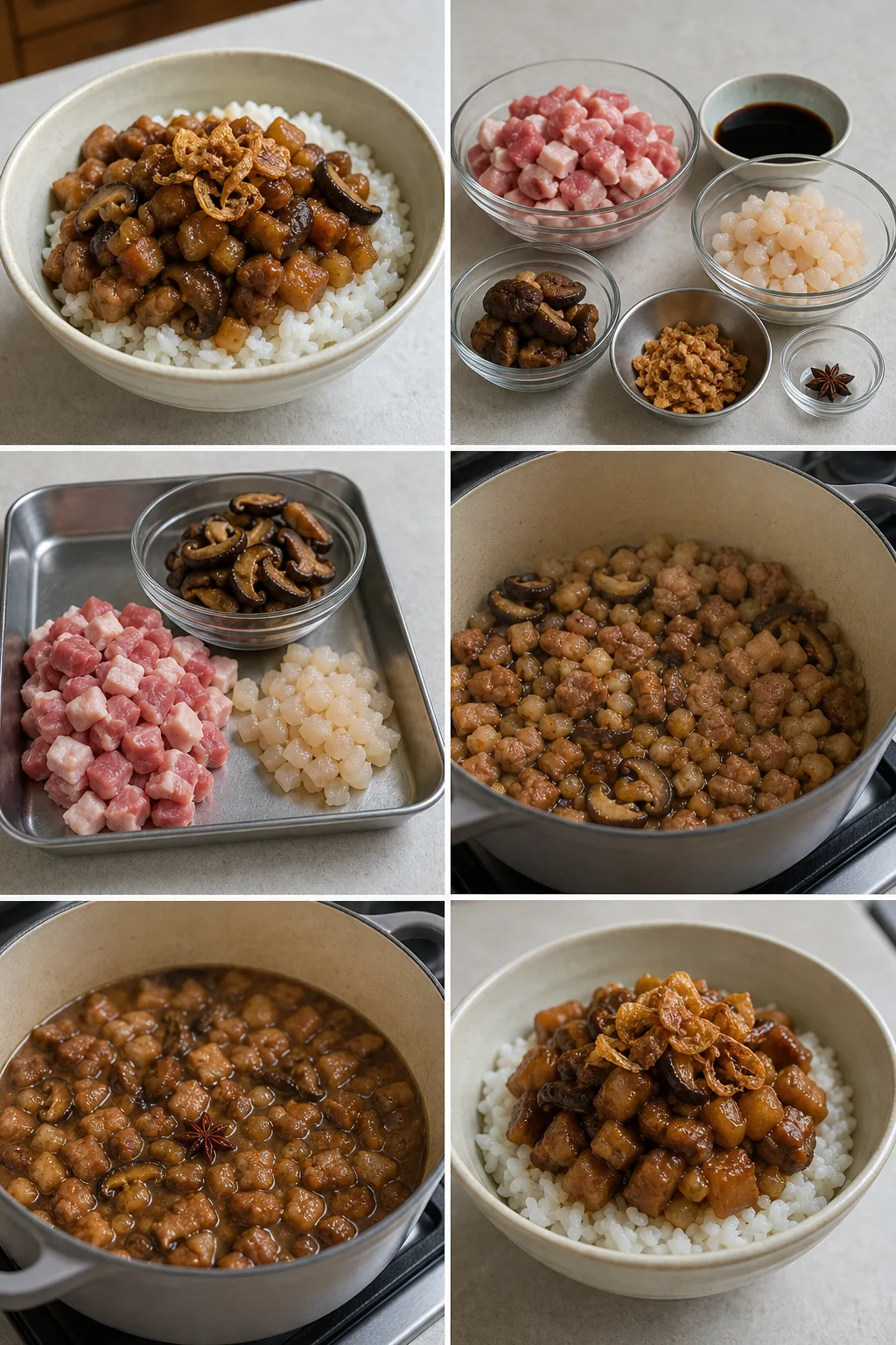 完成盛盤的清爽版滷肉飯，保留台灣家常料理的原有樣貌